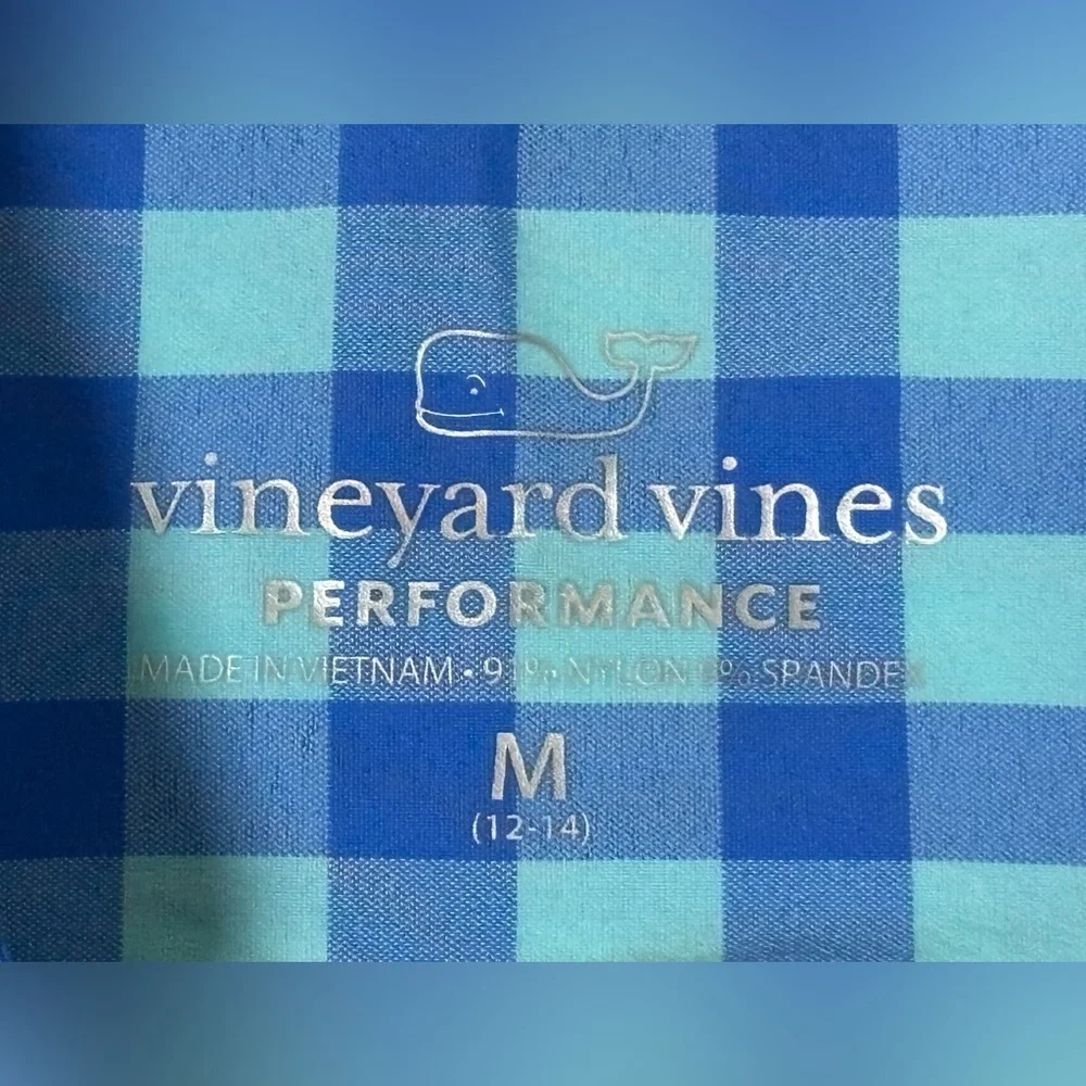 VINEYARD VINES Boys Medium (12/14) Blue Plaid Performance Long Sleeve‎ Button Up